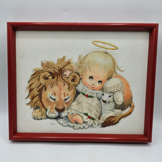 Vintage Lion, Lamb and Angel Cross Stitch Needlepoint in Red Frame